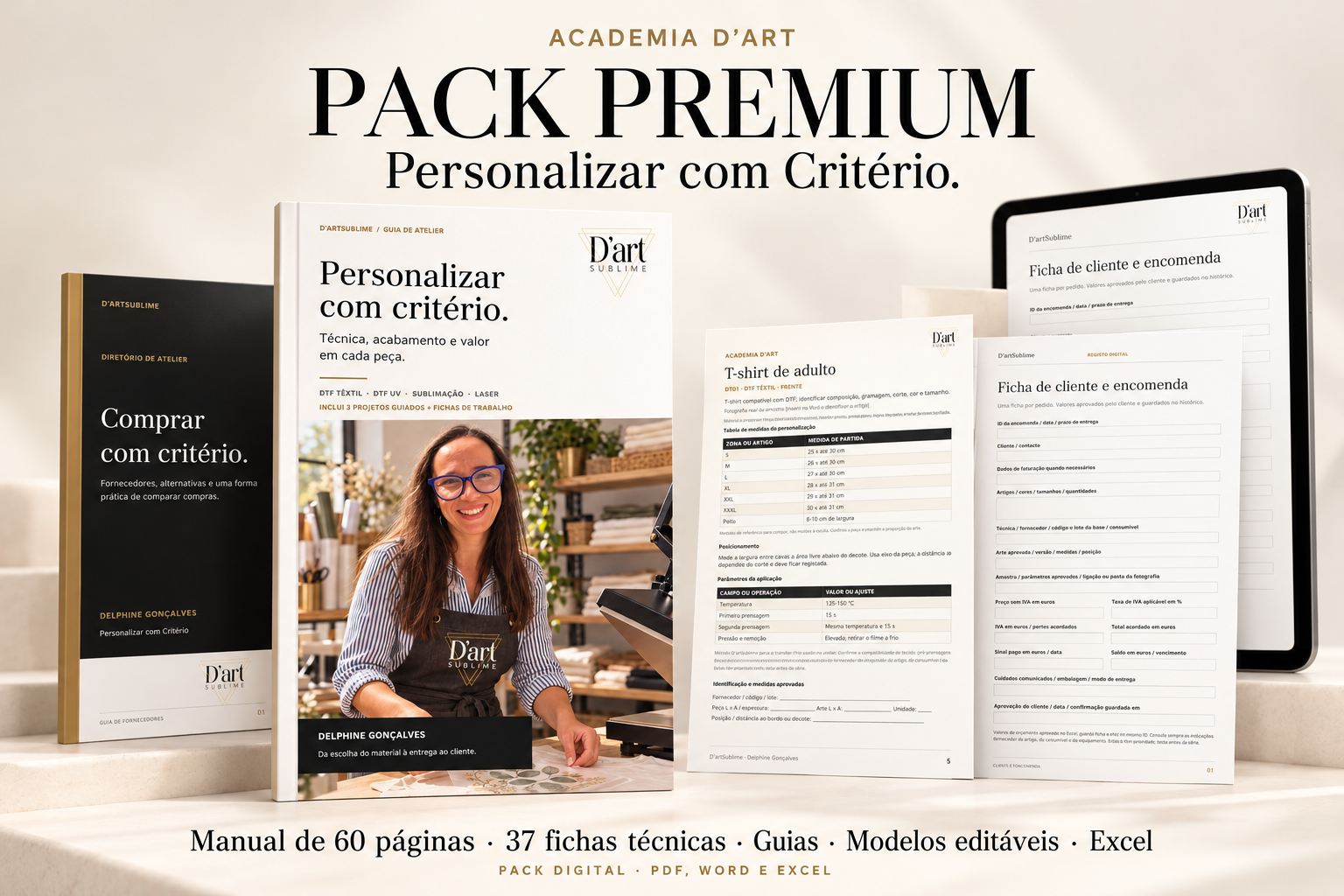Apresentação do Pack Premium Personalizar com Critério, com o manual, o guia de fornecedores, uma ficha técnica e a ficha de cliente e encomenda